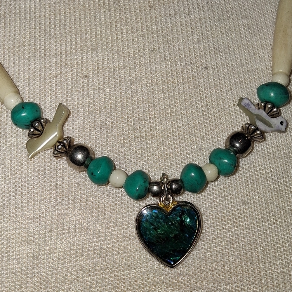 Turquoise and Cream Heart Bone Beaded Handcrafted Pendant Necklace